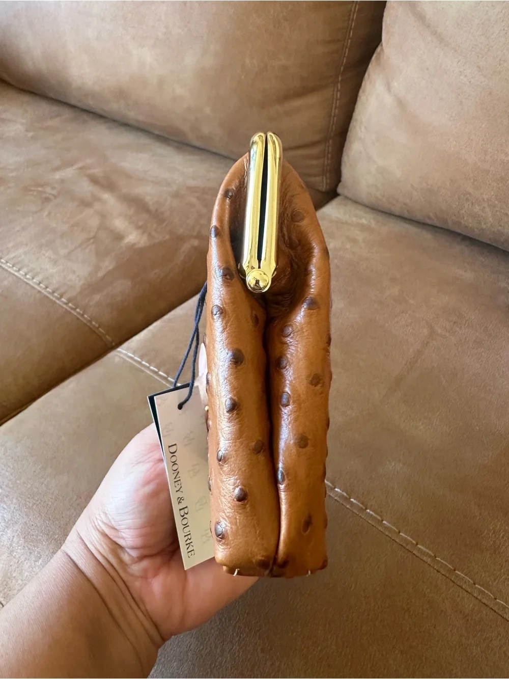 Dooney & Bourke Cognac Ostrich-Embossed Shoulder Bag with Matching Coin Purse